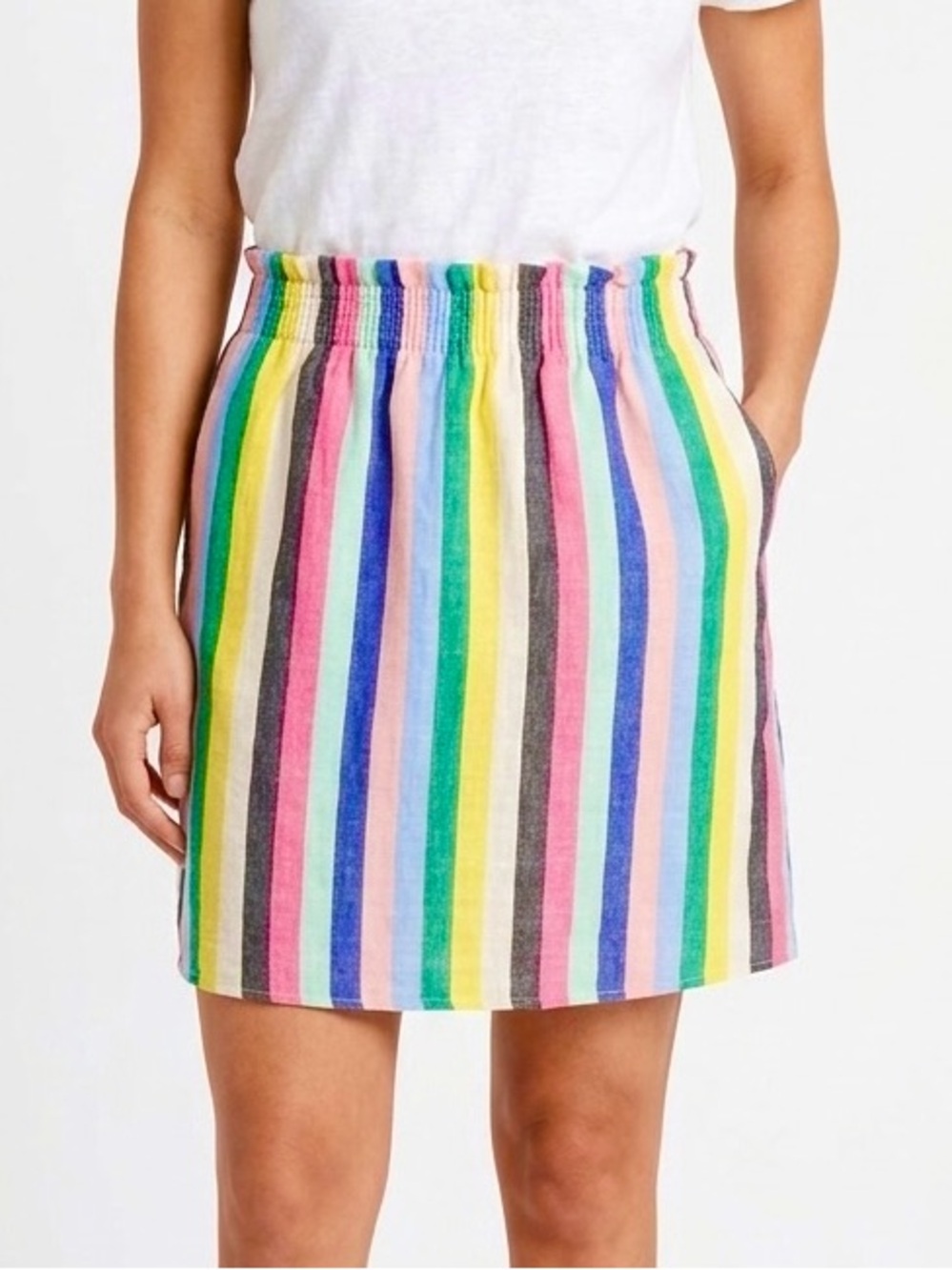J. CREW FACTORY Linen Blend Rainbow Stripe Skirt Smocked Elastic Waist Pockets 8